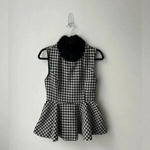 Houndstooth tweed peplum faux fur collard top